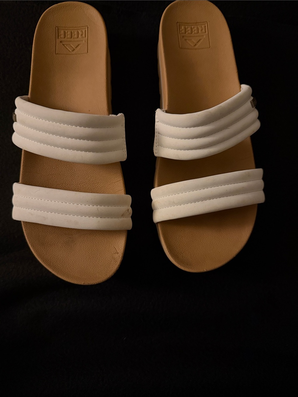 Reef Women’s White Double-Strap Slide Sandals with Tan Footbed